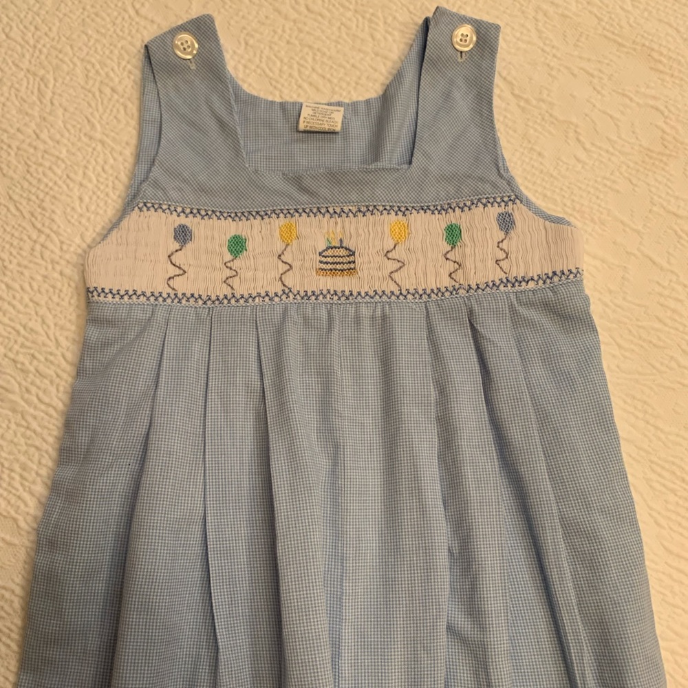 Vintage Smocked Gingham Birthday Longall Romper 24 month.